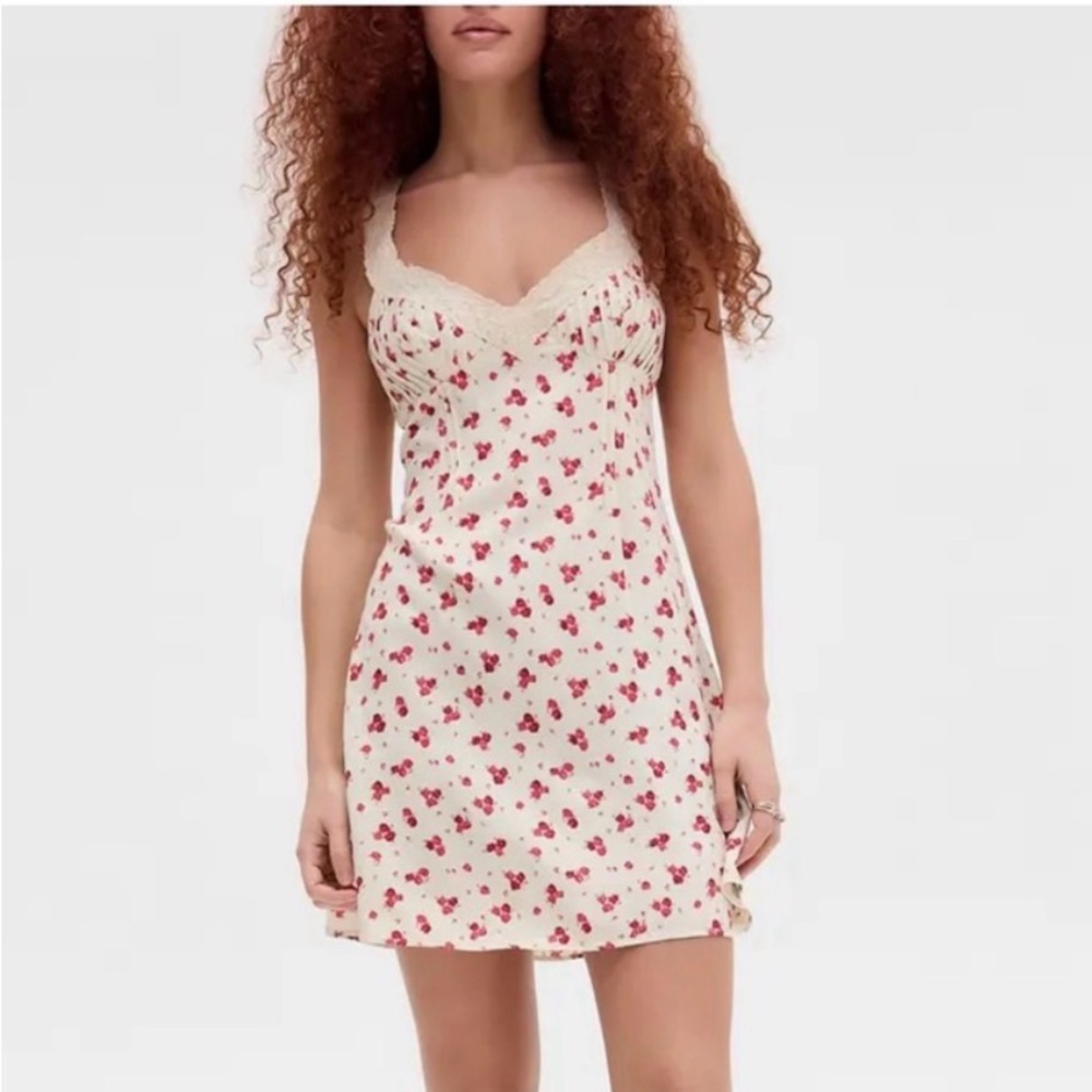 NWT UO BDG Cream Luna Slip Dress with Red Floral Print and Lace